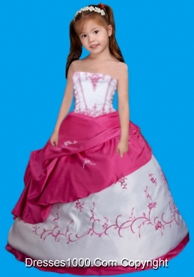 Strapless White and Hot Pink Little Girl Pageant Dress with Embroidery