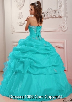 2014 Aqua Blue Ball Gown Strapless Beading Quinceanera Dress with Ruffles