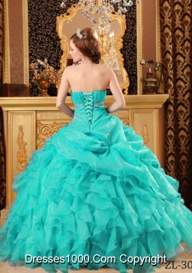 2014 Exclusive Turquoise Ball Gown Beading Quinceanera Dress with Ruffles