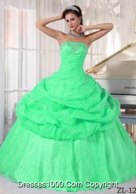 2014 Lovely Ball Gown Strapless Quinceanera Dress in Green with Appliques