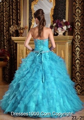 2014 Popular Aqua Blue Ball Gown Sweetheart Ruffles Quinceanera Dress with Beading