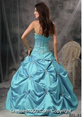 Aqua Blue Modest Ball Gown Strapless Quinceanera Dress with Taffeta Beading