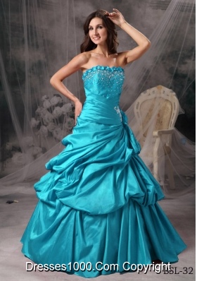 Aqua Blue Princess Strapless Floor-length Taffeta Beading Quinceanera Dress