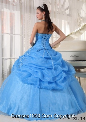 Aqua Blue  Ball Gown Strapless Floor-length Quinceanera Dress with Organza Appliques