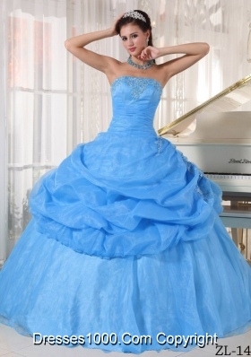 Aqua Blue  Ball Gown Strapless Floor-length Quinceanera Dress with Organza Appliques