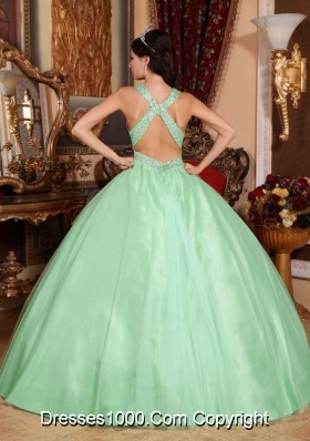 2014 Apple Green Ball Gown V-neck  Beading Quinceanera Dress