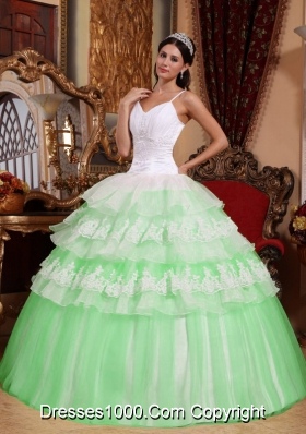 2014 Colourful Ball Gown Spaghetti Straps Lace Quinceanera Dress with Appliques