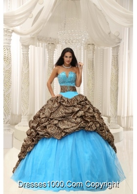 2014 Leopard and Organza Beading Decorate Sweetheart Neckline Quinceanera Dress