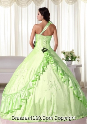 2014 One Shoulder Quinceanera Dress in Yellow Green Ball Gown with Beading