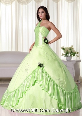 2014 One Shoulder Quinceanera Dress in Yellow Green Ball Gown with Beading