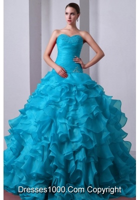 2014 Popular Quinceanea Dress in Aqua Blue Princess with Beading and Ruffles
