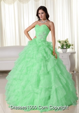 2014 Sweet Apple Green Ball Gown Neck Appliques Quinceanera Dress with Ruffles