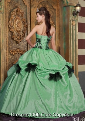 Affordable Apple Green Ball Gown Strapless with Appliques and Bow Quinceanera Dress