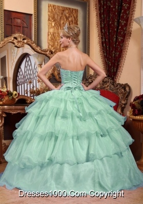 Affordable Apple Green Ball Gown Strapless with Ruffled Layers and Beading Quinceanera Dress