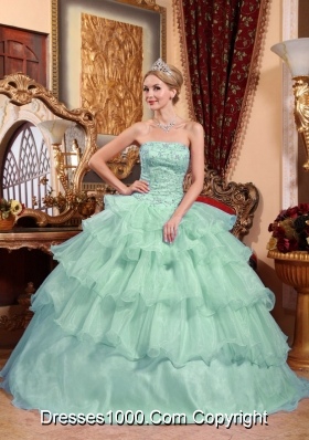 Affordable Apple Green Ball Gown Strapless with Ruffled Layers and Beading Quinceanera Dress