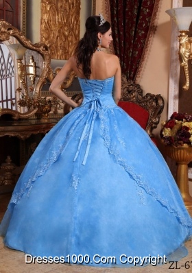 Aqua Blue Ball Gown Strapless Floor-length Quinceanera Dress with Organza Appliques