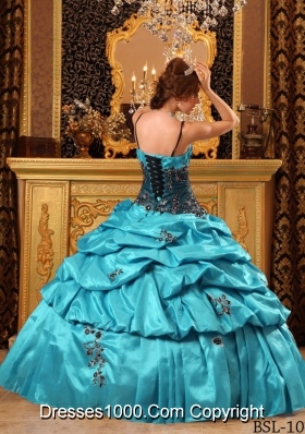 Aqua Blue Ball Gown Straps Floor-length Quinceanera Dress with Taffeta Appliques