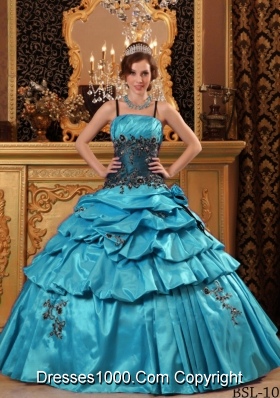 Aqua Blue Ball Gown Straps Floor-length Quinceanera Dress with Taffeta Appliques