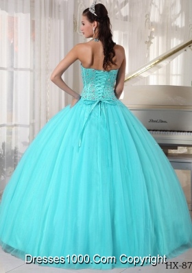 Aqua Blue Ball Gown Sweetheart Floor-length Quinceanera Dress with Tulle Beading