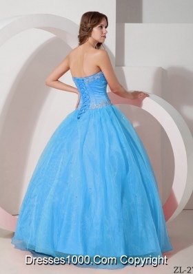 Aqua Blue Beautiful Sweetheart Appliques Quinceanera Dress with Beading