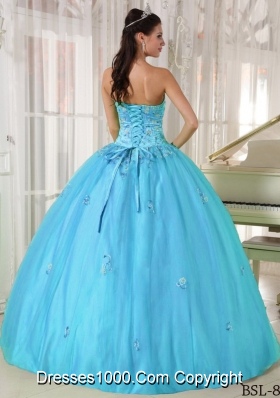 Aqua Blue Strapless Floor-length Taffeta and Tulle Quinceanera Dress with Appliques