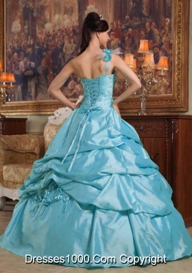 Baby Blue Ball Gown One Shoulder Quinceanera Dress  with  Hand Flowers Taffeta