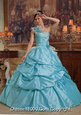 Baby Blue Ball Gown One Shoulder Quinceanera Dress  with  Hand Flowers Taffeta