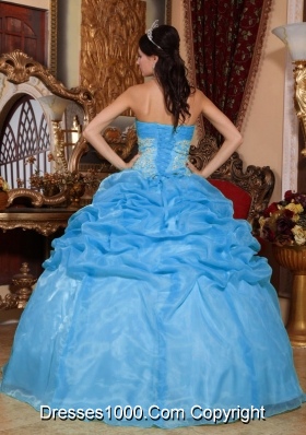 Baby Blue Ball Gown Strapless Quinceanera Dress with  Organza Appliques