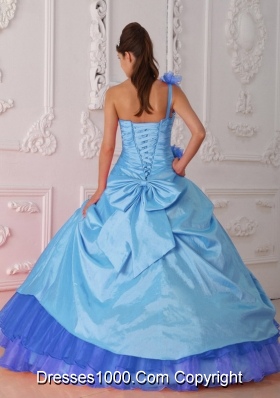 Blue Ball Gown One Shoulder Quinceanera Dress  with Taffeta Beading Hand Flower