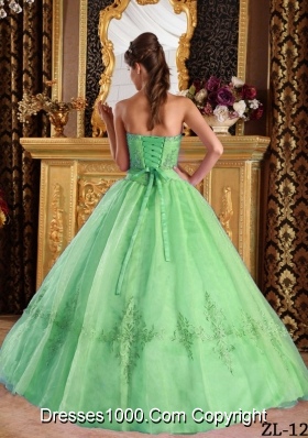 Cheap Green Ball Gown Strapless Appliques Tulle 2014 Quinceanera Dress