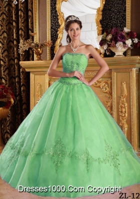 Cheap Green Ball Gown Strapless Appliques Tulle 2014 Quinceanera Dress