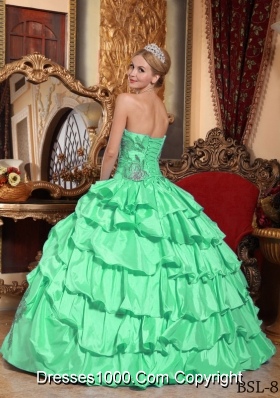 Cute Apple Green Strapless Ball Gown with Appliques and Ruffles Quinceanera Dress