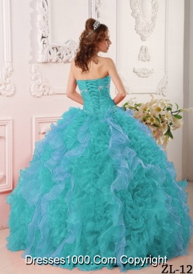 Inexpensive Turquoise Ball Gown Sweetheart Appliques Quinceanera Dress with Beading