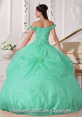 Off The Shoulder Quinceanera Dress in Apple Green Ball Gown with Appliques and Hand Made Flowers