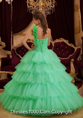 One Shoulder Quinceanera Dress in Apple Green Princess with Ruffles Layers and Hand Made Floor