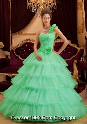 One Shoulder Quinceanera Dress in Apple Green Princess with Ruffles Layers and Hand Made Floor