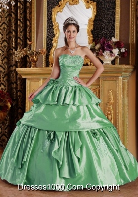 Popular Ball Gown Strapless in Green with Beading and Hand Made Flower Quinceanera Dress