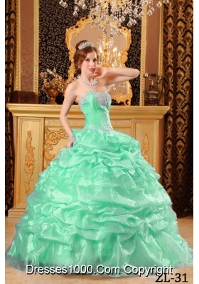 Sweetheart Quinceanera Dress in Apple Green with Appliques and Pick-ups