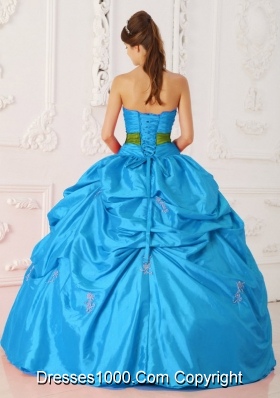 Teal Ball Gown Strapless Quinceanera Dress with  Taffeta Beading  Sash