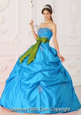 Teal Ball Gown Strapless Quinceanera Dress with  Taffeta Beading  Sash