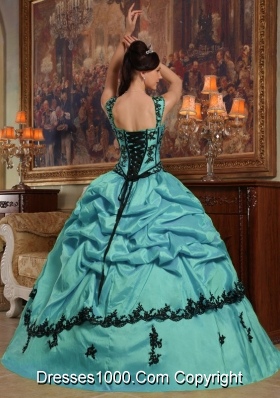 Turquoise Ball Gown Straps Quinceanera Dress  with  Appliques Taffeta