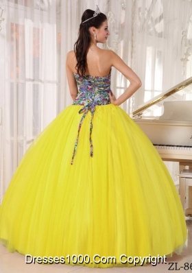 Yellow Strapless Printing Sequined Sweet 15 Dresses with Bow Knot