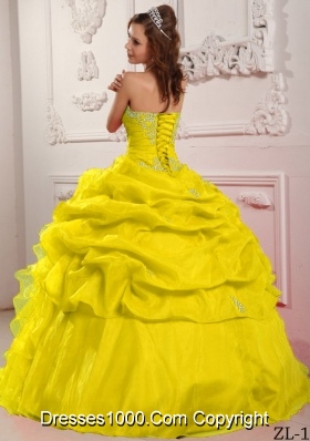 Yellow Sweet 15 Dresses with Organza Beading and Ruffles Strapless