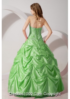 2014 Apple Green A-line Strapless Appliques Quinceanera Dresses