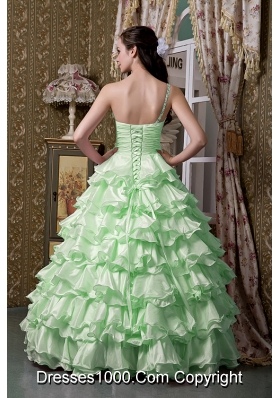 2014 Apple Green Princess One Shoulder Beading Quinceanea Dress with Ruffled Layers