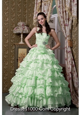 2014 Apple Green Princess One Shoulder Beading Quinceanea Dress with Ruffled Layers