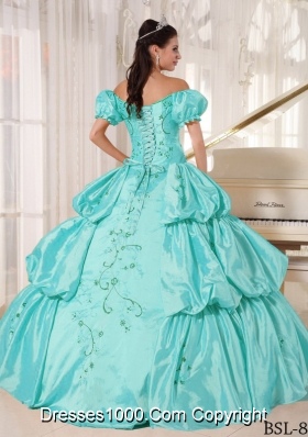 2014 Aqua Blue Off The Shoulder Embroidery Quinceanera Dress with Cap Sleeves