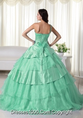 2014 One Shoulder Quinceanera Dress in Apple Green Ball Gown with Beading