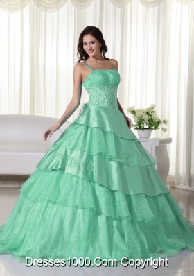 2014 One Shoulder Quinceanera Dress in Apple Green Ball Gown with Beading