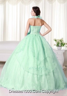 2014 Popular Apple Green Ball Gown Halter Embroidery Quinceanera Dress with Beading